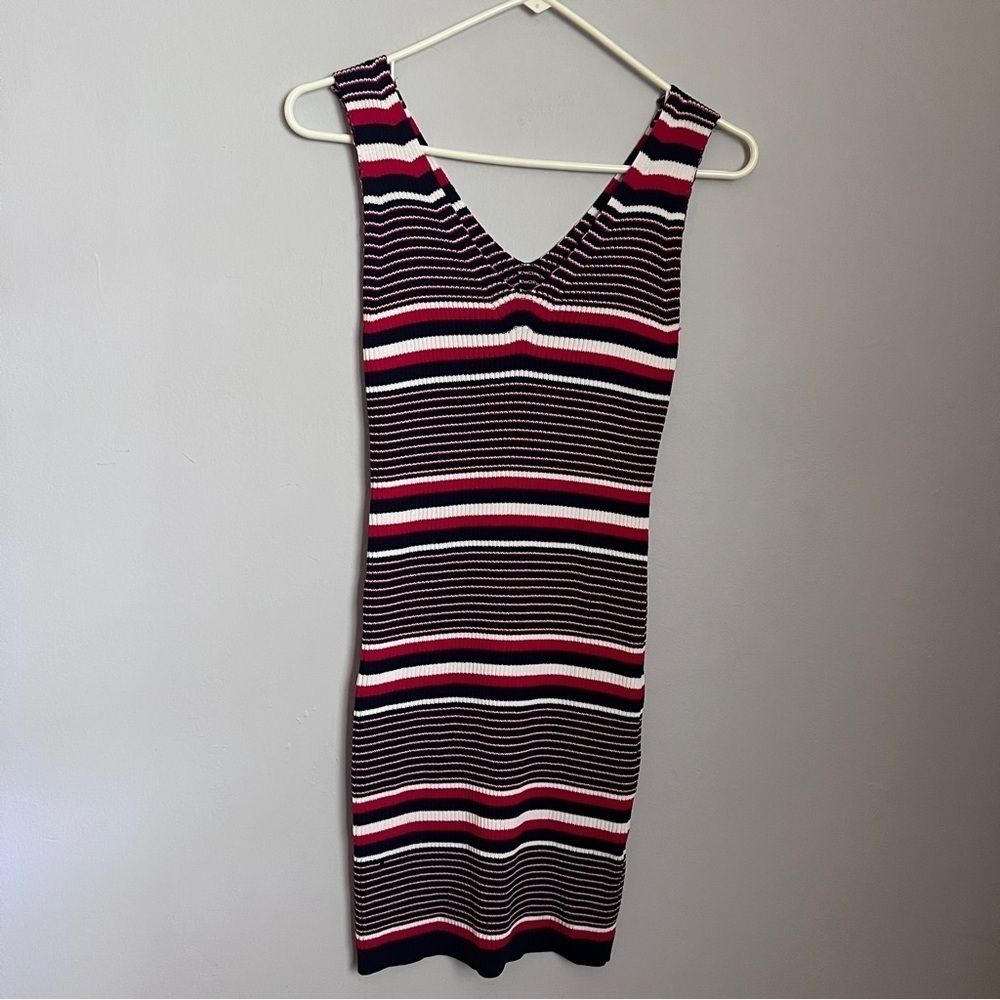 Lush Red White & Blue Striped Sleeveless Bodycon Mini Dress Size Large EUC